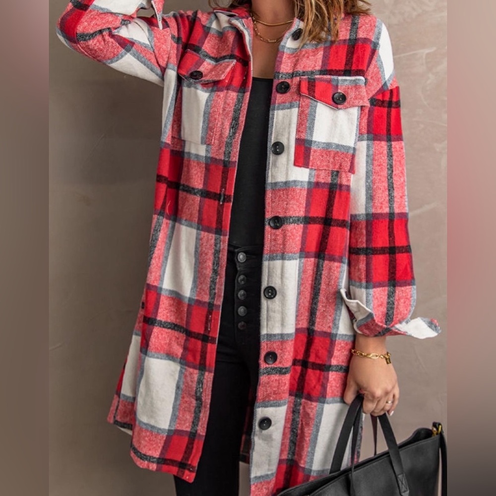 Red shirt collot button closure plaid coat
